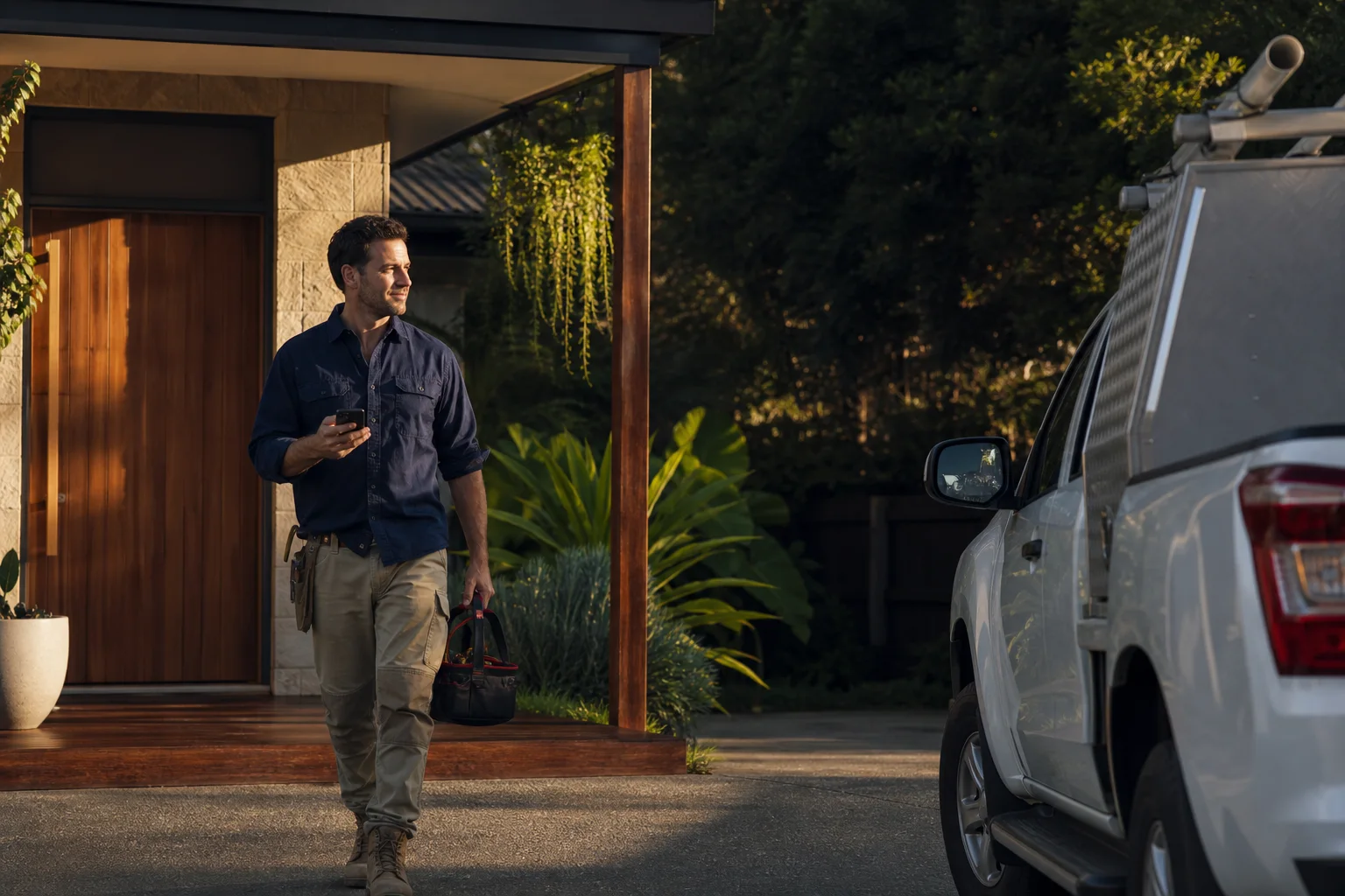 A Sunshine Coast builder finishing a residential repair job and walking towards his work ute