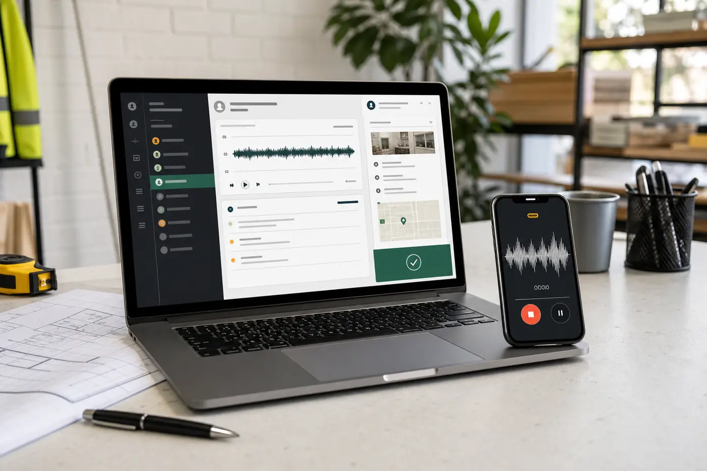 A business automation workflow showing voice recording and customer information on desktop and mobile